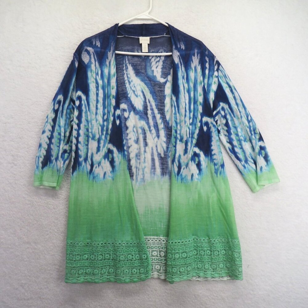 Chicos Jacket Large Blue Green Open Front Boho Lace‎ Trim Lightweight Kimono